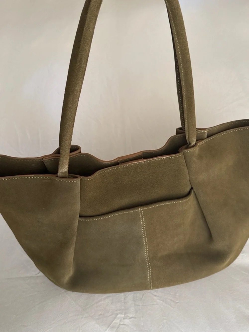 Olive Green Genuine Suede Tote Bag with Buckle Detail